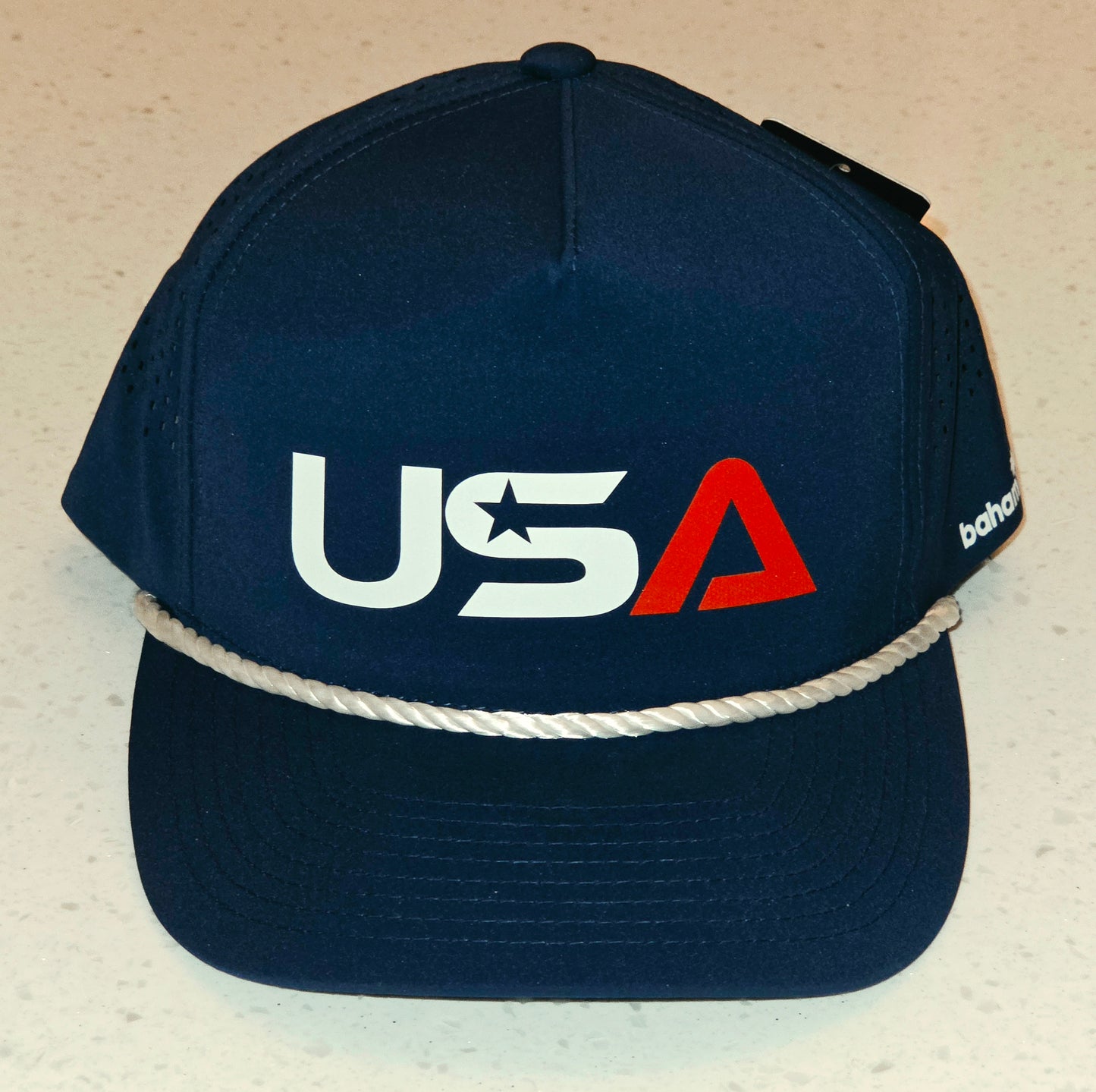 SA Golf Hat in Navy Blue – patriotic rope hat with bold USA graphic by Bahami Style