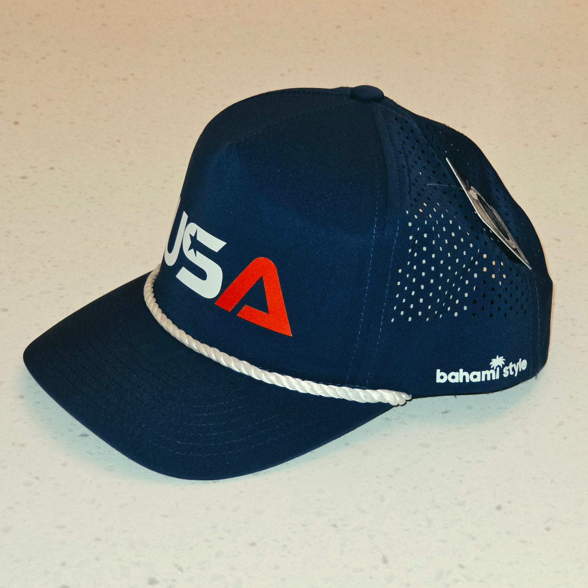 USA Golf Hat side view – navy blue rope hat with perforated panels and Bahami Style logo