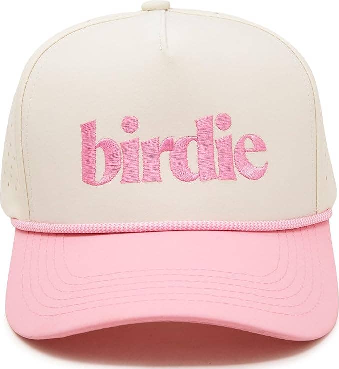 Pink and beige cap with 'birdie' embroidery on a white background
