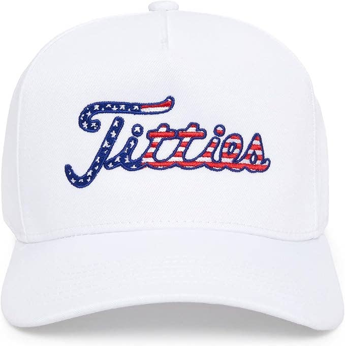 White cap with 'Titties' embroidered in red, white, and blue on a white background
