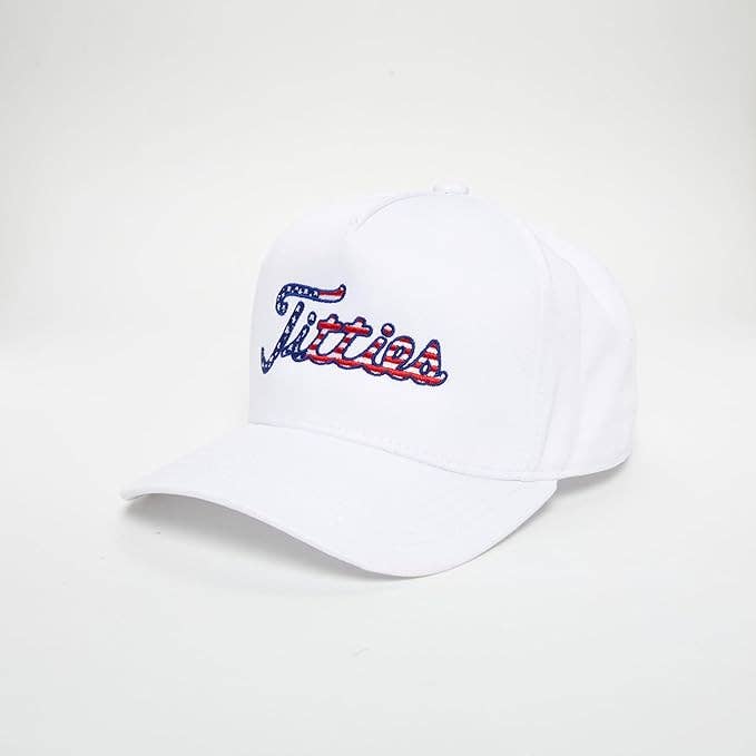 White cap with colorful 'Titties' logo on a white background